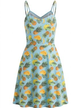 Pretty Attitude |Light Blue Tropical Fruit Mini Dress with Spaghetti Straps 🍌🍍🍌🍍